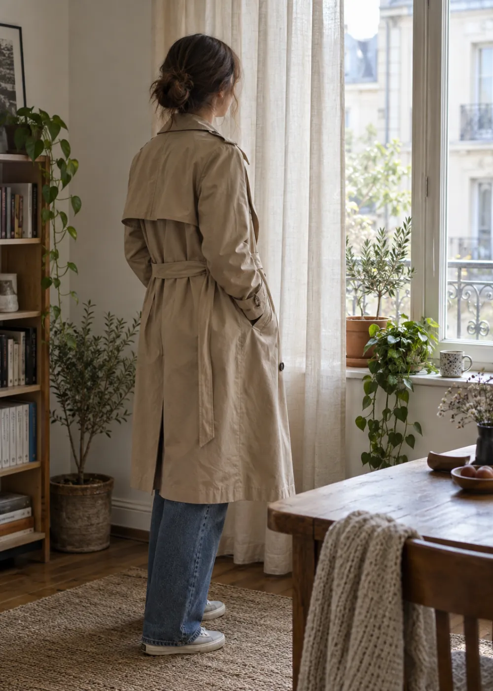 Mujer de espaldas junto a una ventana con gabardina beige de algodón
