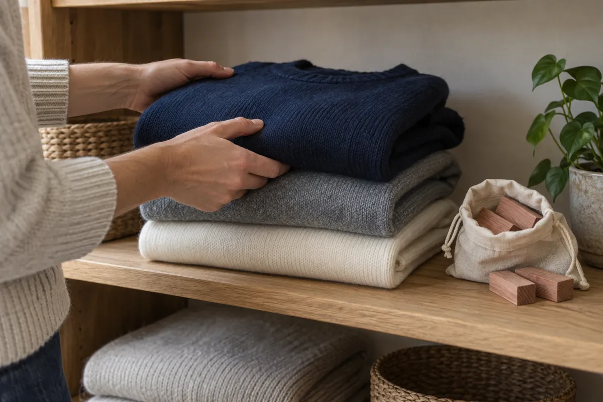 Jerséis de merino azul marino, gris y crudo doblados en una balda de madera junto a una bolsa con bloques de cedro