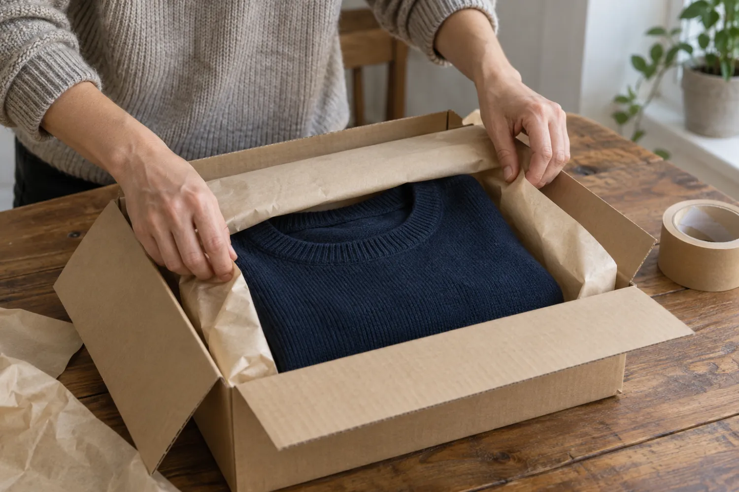 Manos envolviendo un jersey azul marino en papel de seda dentro de una caja de cartón
