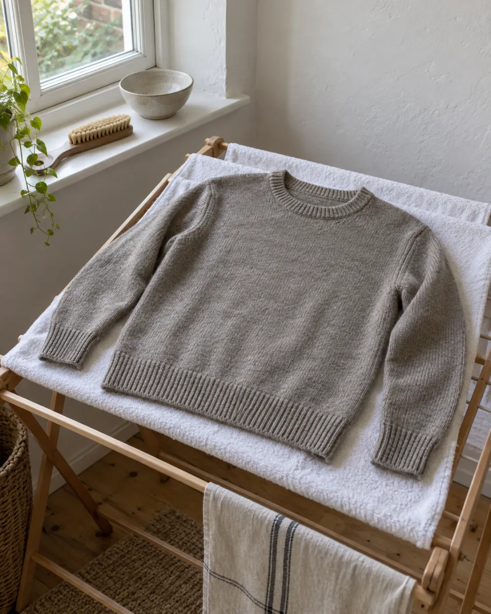Jersey de lana secándose en horizontal sobre una toalla blanca en un tendedero de madera, junto a una ventana