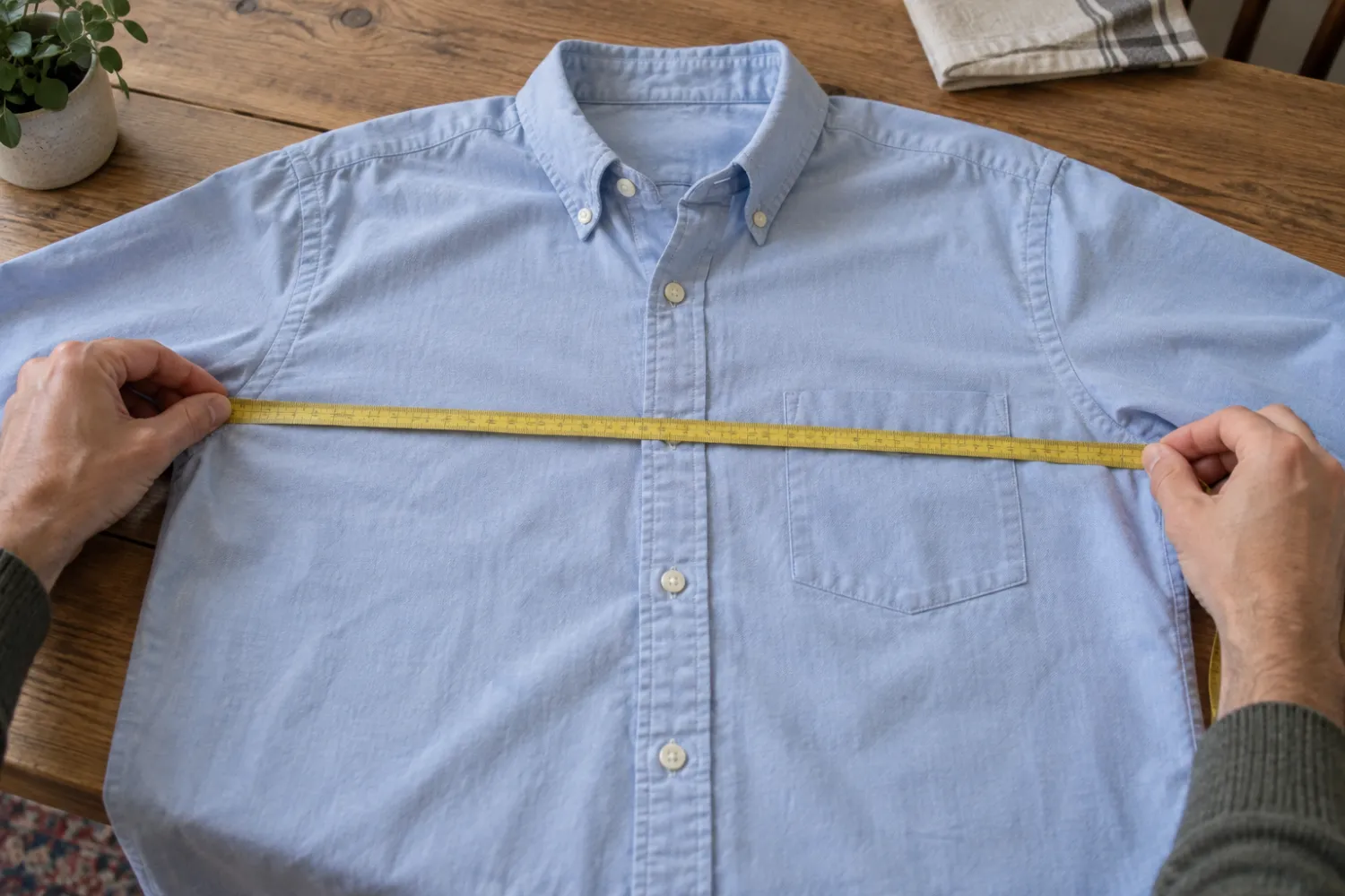 Manos midiendo con una cinta métrica el pecho de una camisa oxford azul claro extendida sobre una mesa