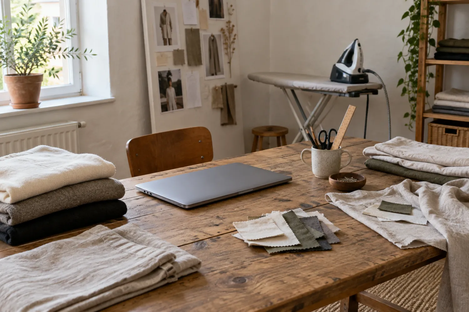 Mesa de trabajo de madera con prendas dobladas en tonos neutros, muestras de tejido y una plancha al fondo
