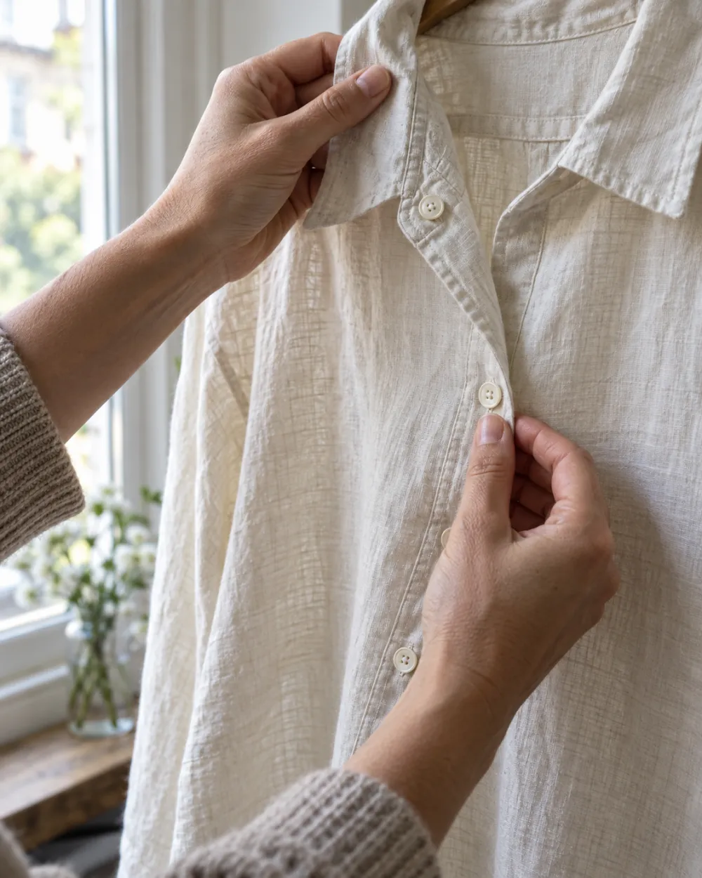 Manos revisando a contraluz la costura y los botones de una camisa de lino cruda