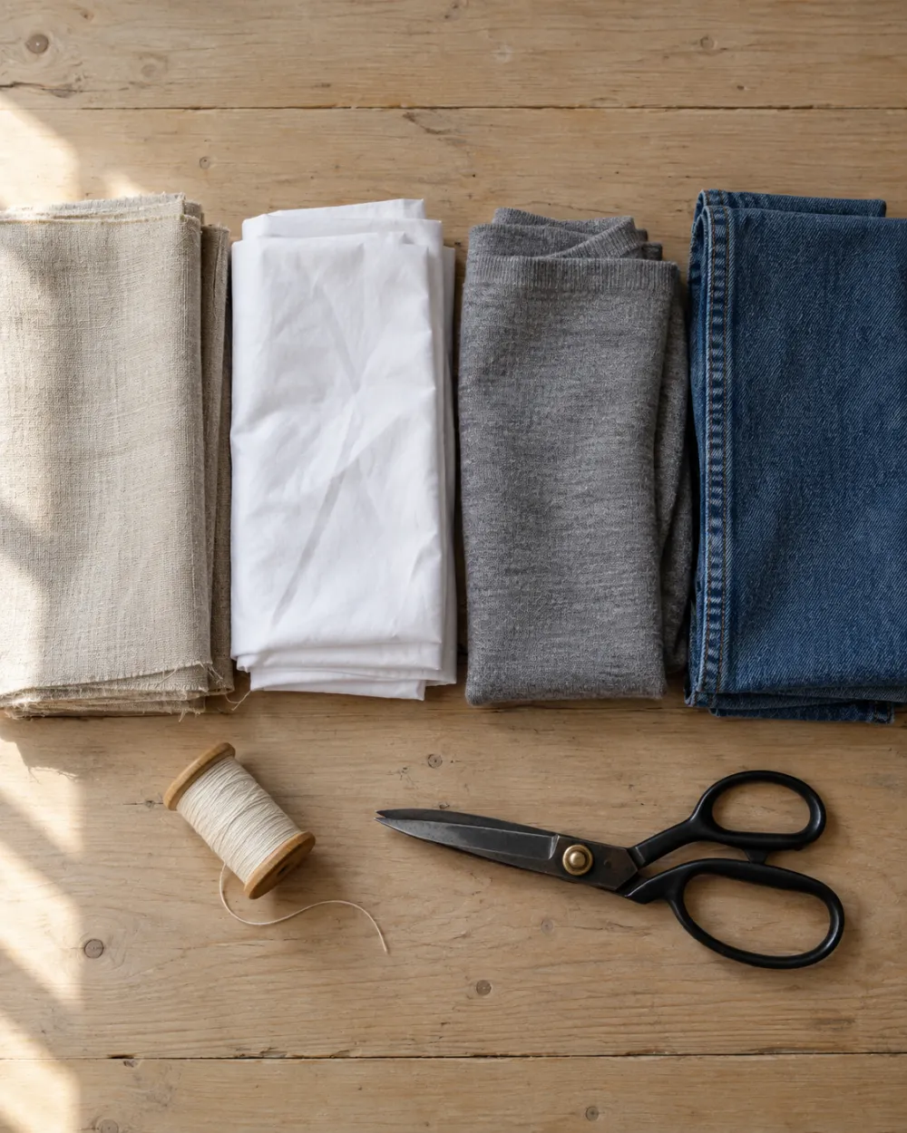 Lino, popelín de algodón, punto de merino y denim doblados sobre una mesa de madera junto a unas tijeras de sastre